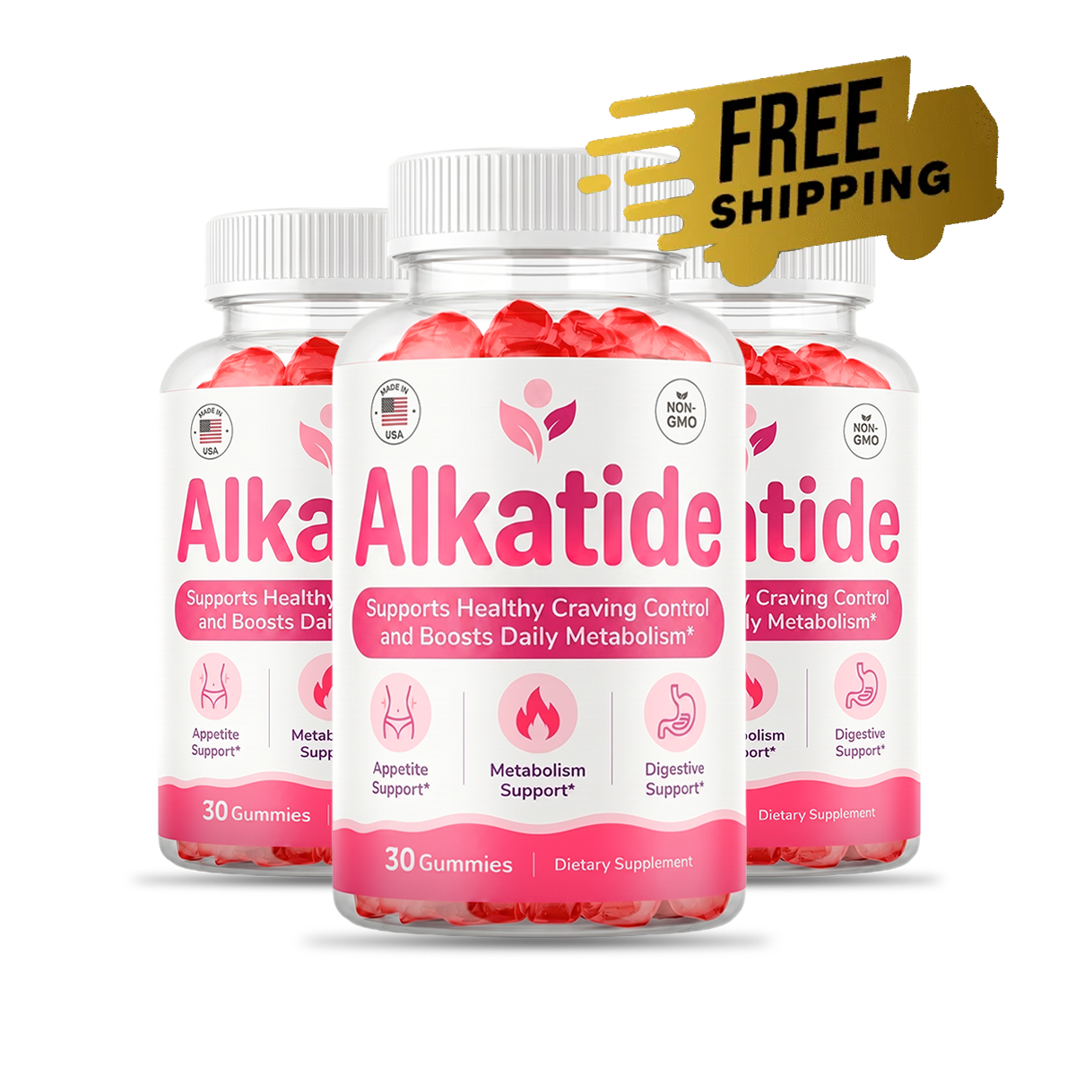 AlkaTide Gummies three-bottle product display